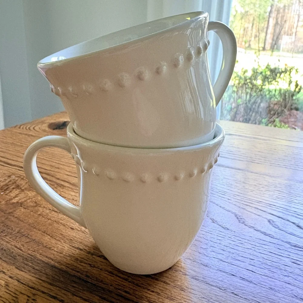 Pottery Barn Emma White/Cream Beaded Mugs- set of 2- 10 oz. - Picture 2 of 10